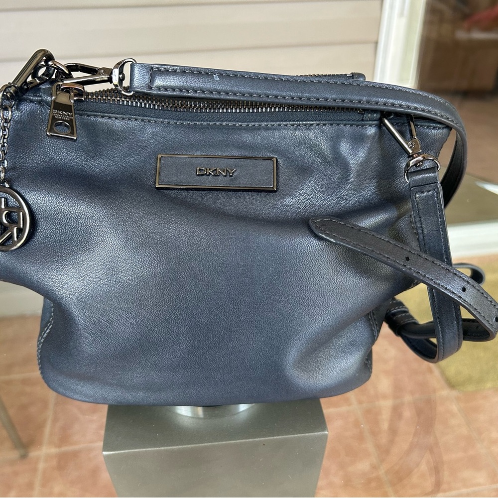 DKNY Blue Crossbody Bag with Adjustable Strap and Silver Hardware
